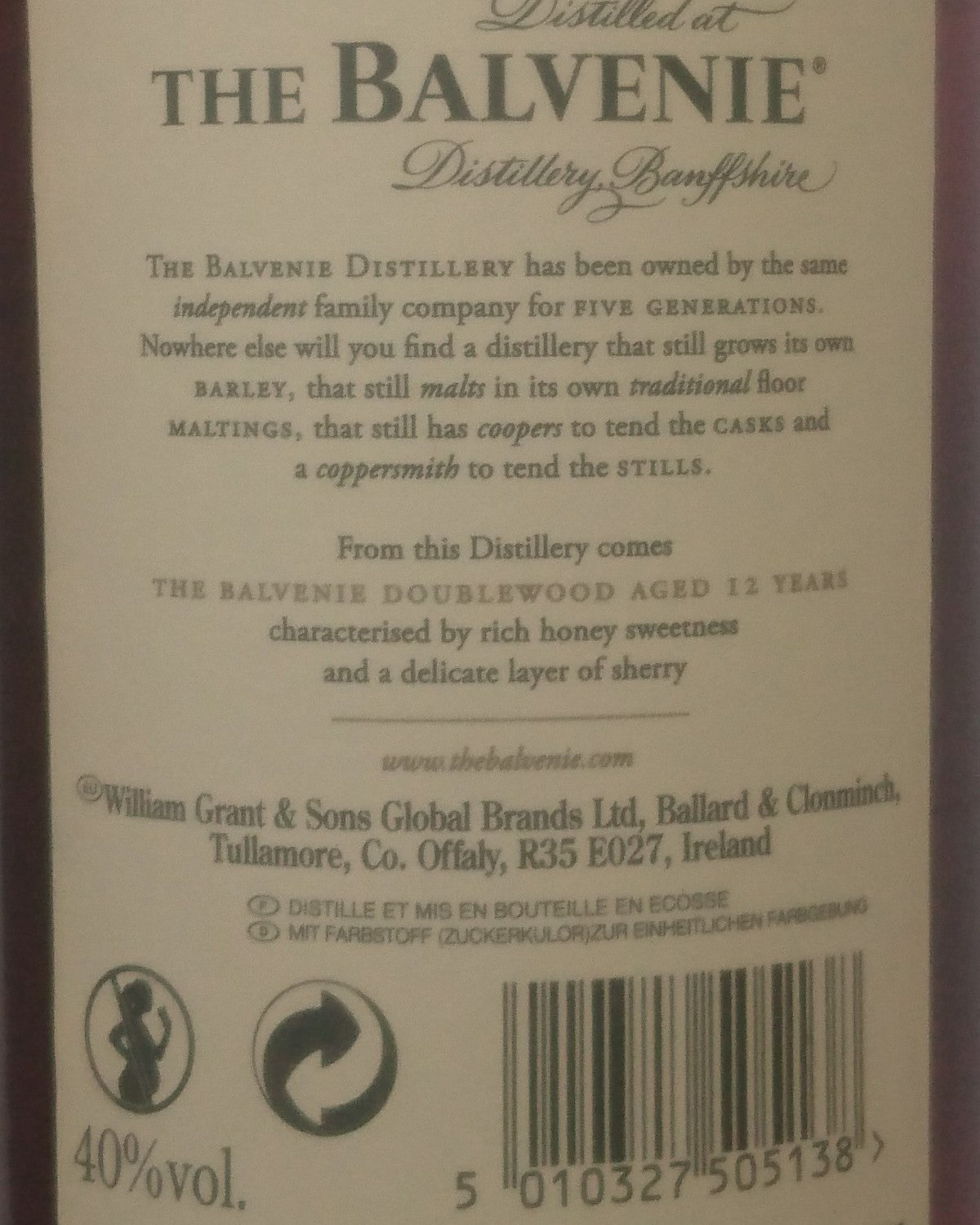 The Balvenie 12 DoubleWood — detalle de la etiqueta trasera