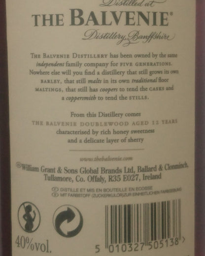 The Balvenie 12 DoubleWood — detalle de la etiqueta trasera
